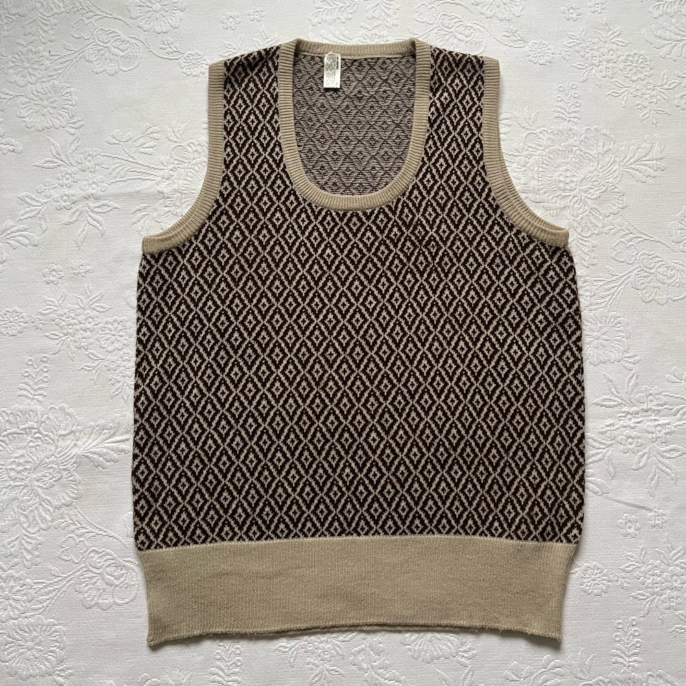 Vintage Geometric Pattern M Sleeveless Sweater Vest Wool Blend Brown Tan Italy